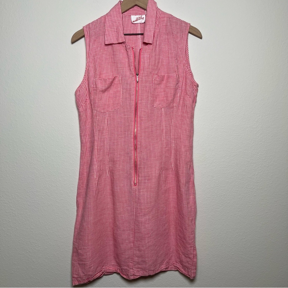 VTG Mobility 90s‎ Linen Dress Medium Pink Gingham Full Zip Picnic Preppy Retro